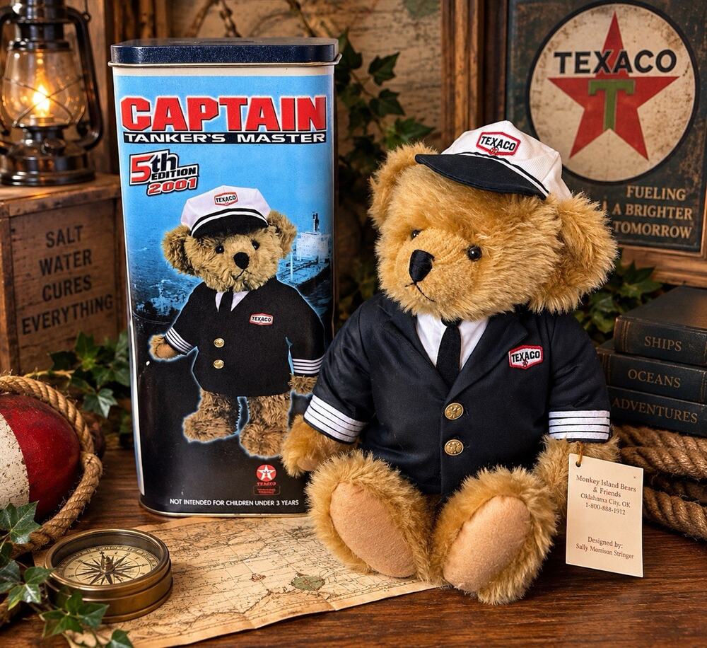 2001 Texaco Captain Tanker’s Master Bear 5th Edition Tin Bank Tags 16”